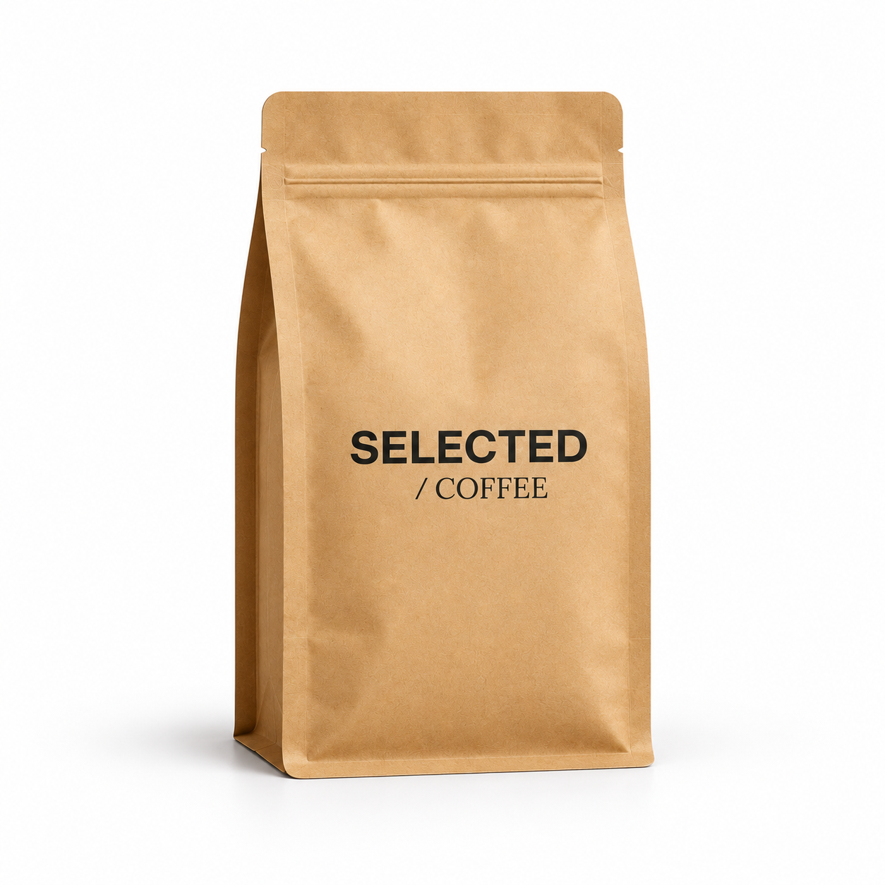 Designforslag: en kraftfarvet kaffepose med SELECTED / COFFEE logo