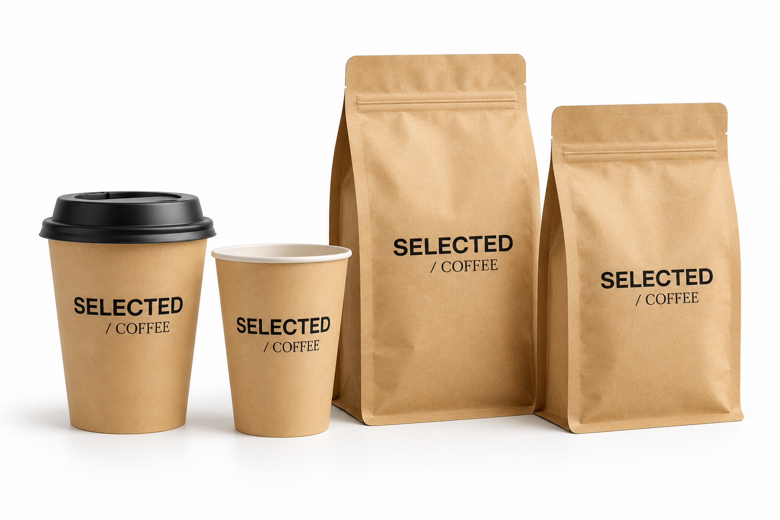 Example of branded cups and coffee bags